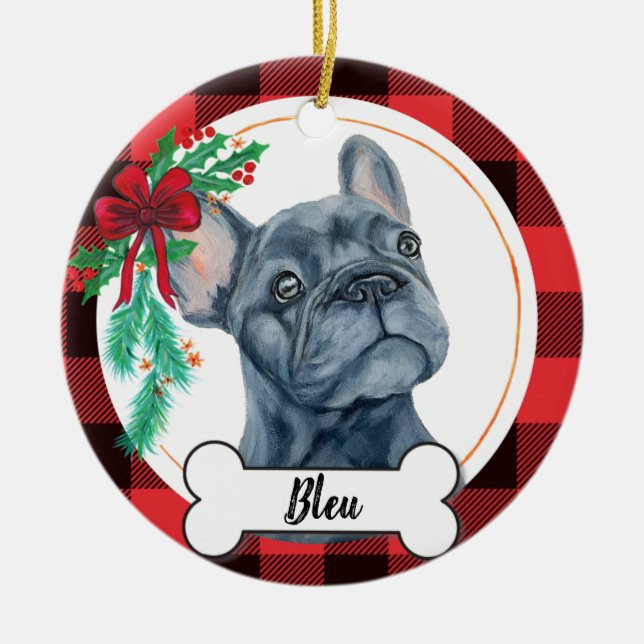 Frenchie Ornament, Fransk Bulldog Julgransprydnad Keramik (Framsidan)