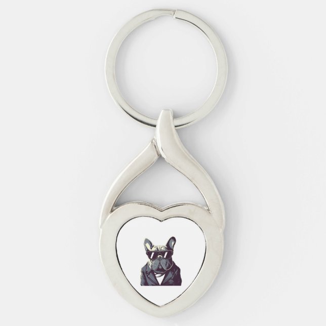 Frenchie Party Man Twisted Heart Silverfärgad Nyckelring (Framsidan)
