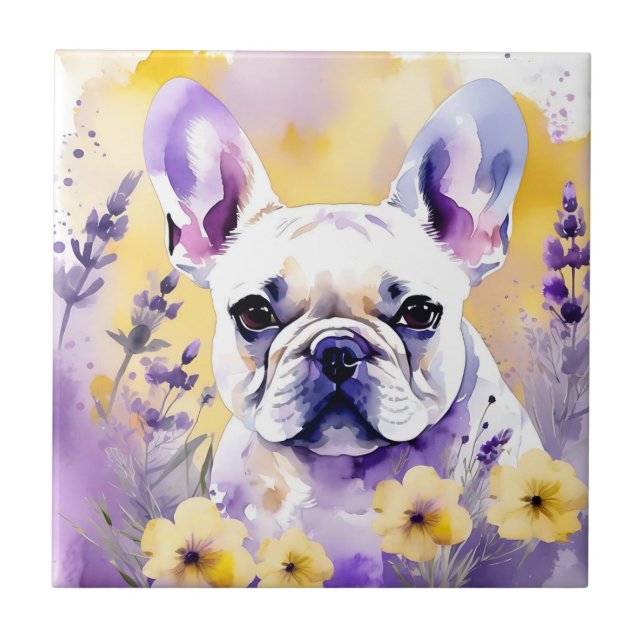 Frenchie Porträtt med snurdblommor Kakelplatta (Framsidan)