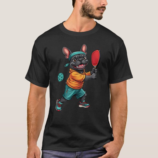 Frenchie Spela Pickleball, en fin Fransk Bulldog T Shirt (Framsida)