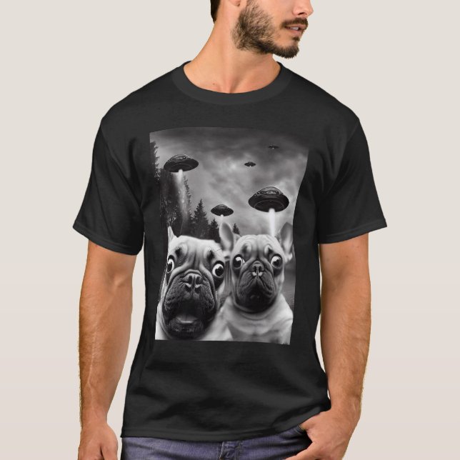 Frenchie UFO Selfie Fransk Bulldog Alien T Shirt (Framsida)