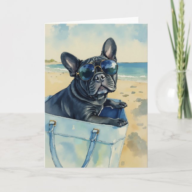Frenchie vid Beach Watercolor Kort (Framsida)