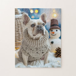 Frenchie With Snowman Christmas Pussel