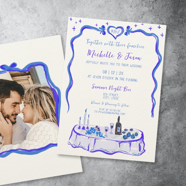 Frenhch Blue Retro Whimsical Hand plockade Bow Pho Inbjudningar (whimsical hand drawn french blue dinner table with bow frame for your wedding invitation)
