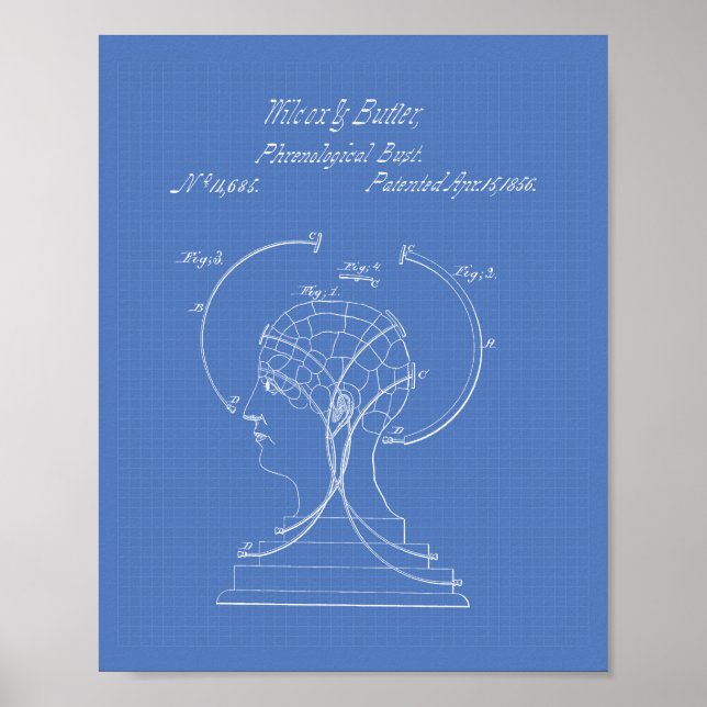 Frenologisk Bust 1856 Patent Art Blueprint Poster (Framsidan)