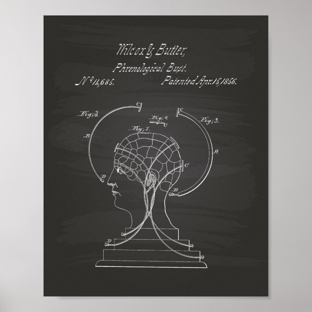 Frenologisk Bust 1856 Patent Art Chalkboard Poster (Framsidan)
