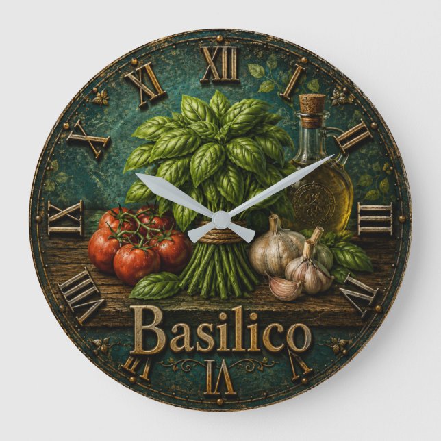 Fresh Basilico Italian Herb Farmhouse Kitchen Stor Klocka (Framsida)