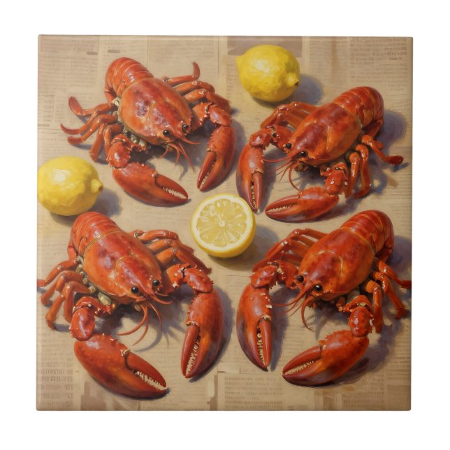 Fresh Boiled Lobster Lemon Newspaper Feast Kakelplatta (Framsidan)