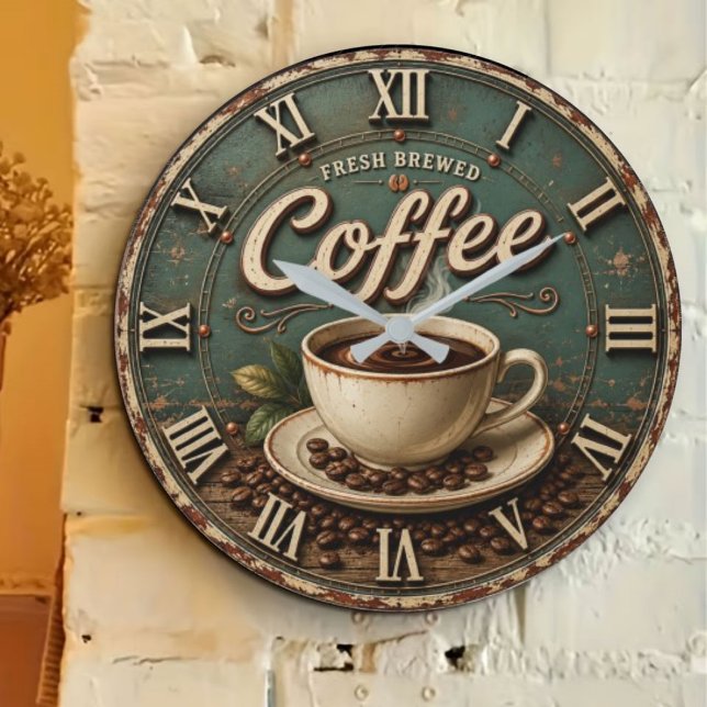 Fresh Brewed Coffee Rustic Farmhouse Stor Klocka (Skapare uppladdad)