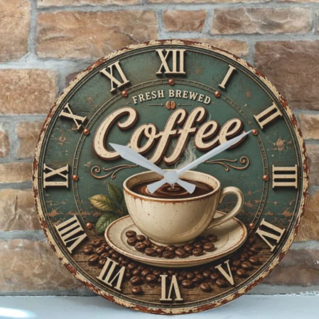 Fresh Brewed Coffee Rustic Farmhouse Stor Klocka (Skapare uppladdad)