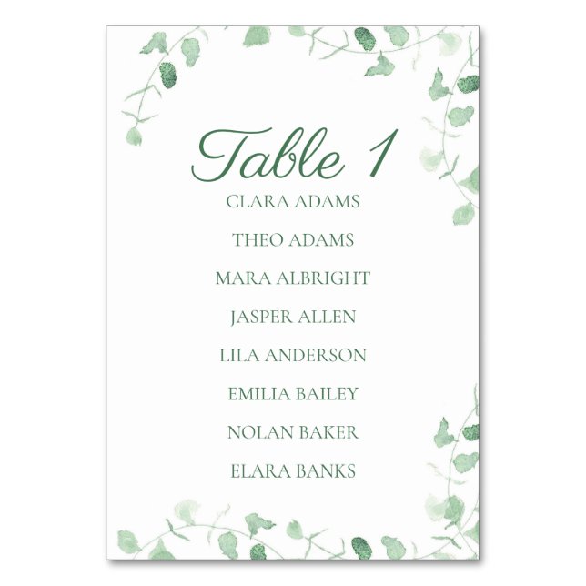 Fresh Eucalyptus Greenery Numeric Seating Display Bordsnummer (Framsidan)