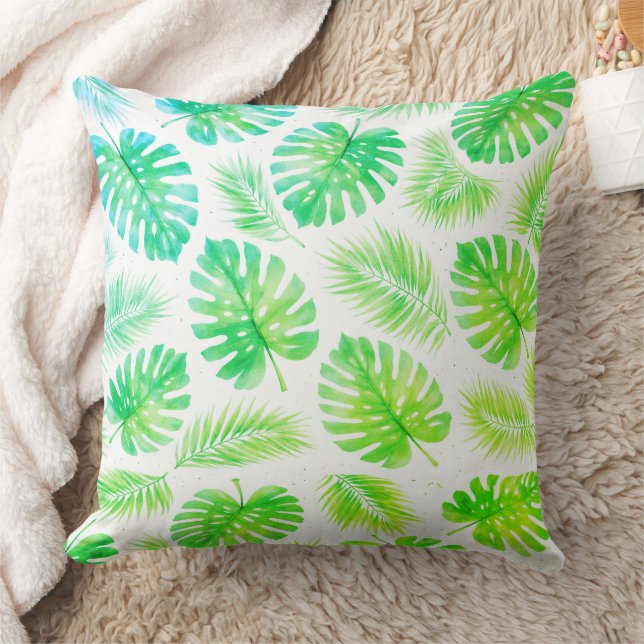 Fresh Green Monstera and Palm Leaves Watercolor Kudde (Filt)