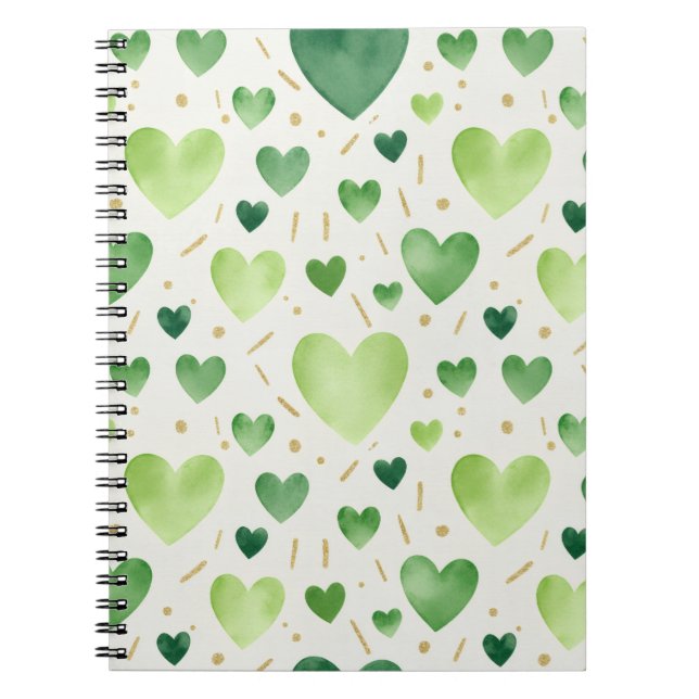 Fresh Green Watercolor Hearts Anteckningsbok (Framsidan)