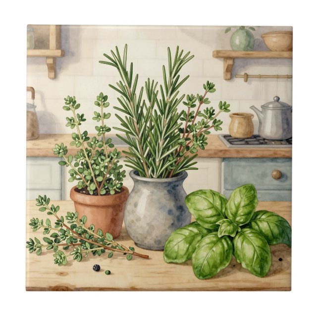 Fresh Kitchen Herbs Watercolor  Kakelplatta (Framsidan)