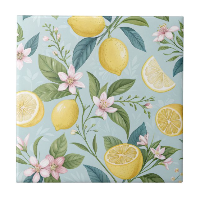 Fresh Lemon Floral Botanical Pattern  Kakelplatta (Framsidan)