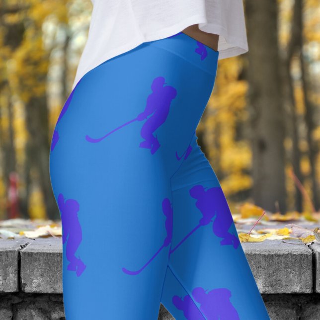 Fresh Navy Blue Womens Ice Hockey Mönster Leggings (Womens Ice Hockey on Bright Navy Blue Leggings)