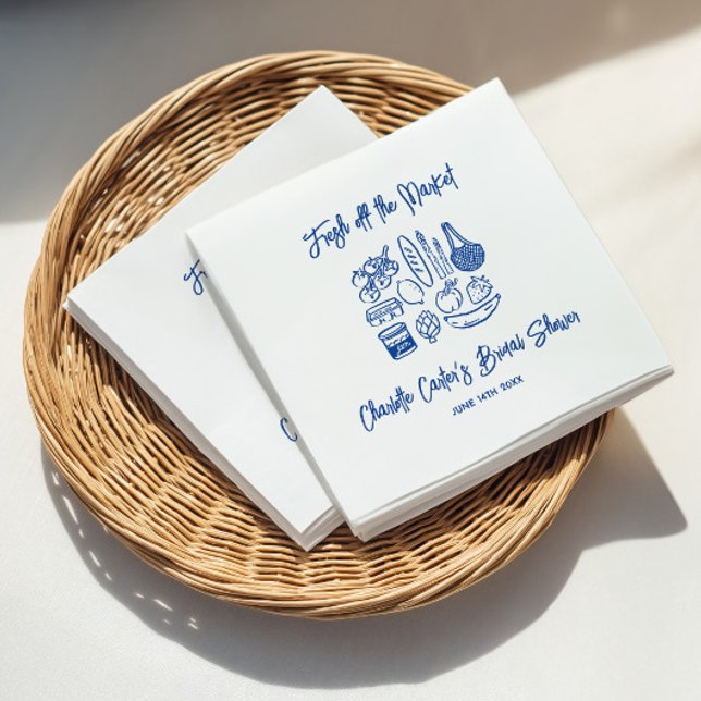Fresh Off The Market Blå Handritad Bröllopsfest Pappersservett (Fresh Off The Market Blue Hand Drawn Bridal Shower Napkins)