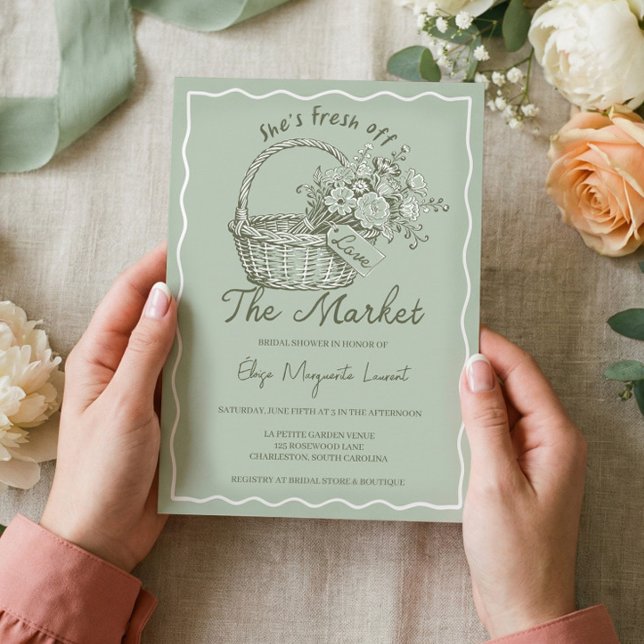 Fresh Off The Market Blomsterkorg Bröllopsdusch Inbjudningar (Fresh Off The Market Floral Basket Bridal Shower Invitation)