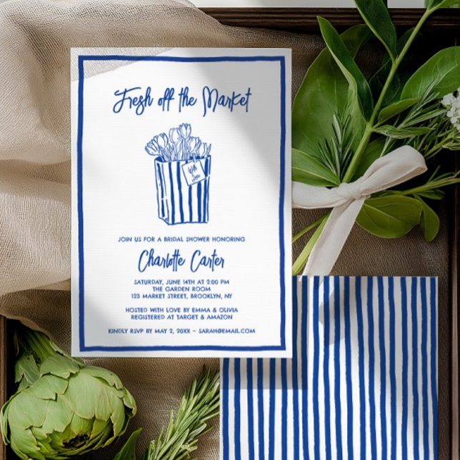 Fresh Off The Market Bridal Shower Whimsical Blue Inbjudningar (Fresh Off The Market Bridal Shower Whimsical Blue Invitation)