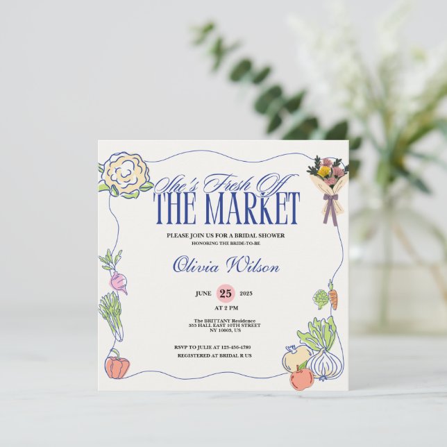 Fresh Off the Market Bridal Shower Whimsical Drawn Inbjudningar (Stående Fram)