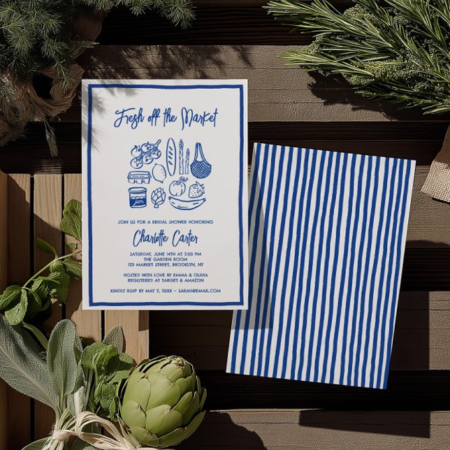 Fresh Off The Market Bröllopsdusche Whimsical Blue Inbjudningar (Fresh Off The Market Bridal Shower Whimsical Blue Invitation)