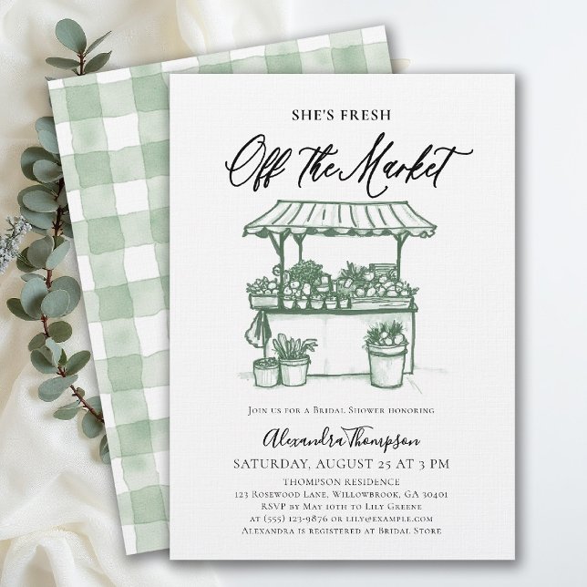 Fresh Off the Market Calligraphy Bridal Shower Inbjudningar (fresh off the market bridal shower invitation farmers stand hand drawn modern calligraphy)