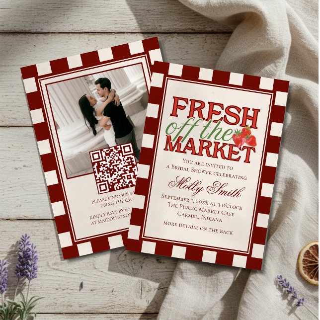 Fresh Off the Market Checkered Bridal Shower Inbjudningar (Plan a farm-fresh bachelorette with this Fresh Off the Market Checkered Bridal Shower Invitation!)