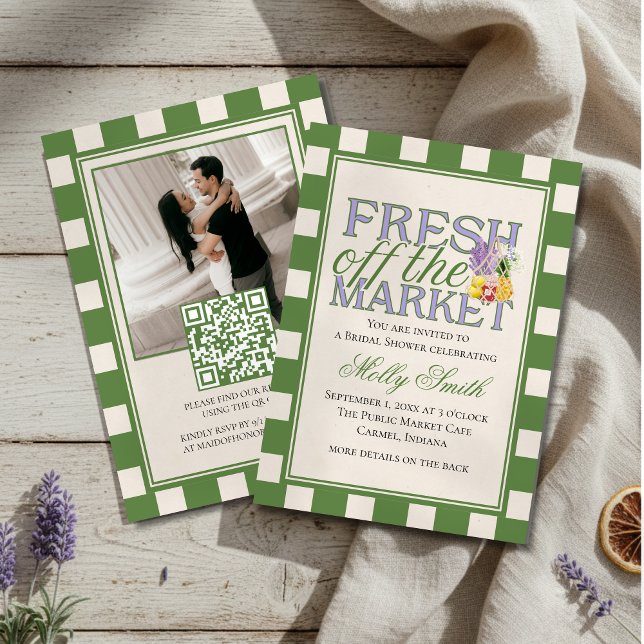 Fresh Off the Market Checkered Bridal Shower Inbjudningar (Plan a farm-fresh bachelorette with this Fresh Off the Market Checkered Bridal Shower Invitation!)