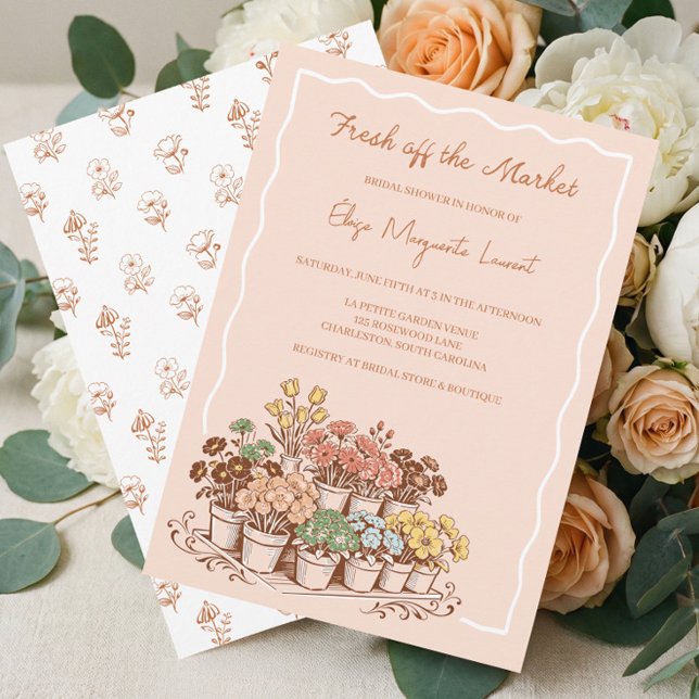 Fresh Off The Market Floral Garden Bridal Shower Inbjudningar (Fresh Off The Market Floral Cart Bridal Shower Invitation)