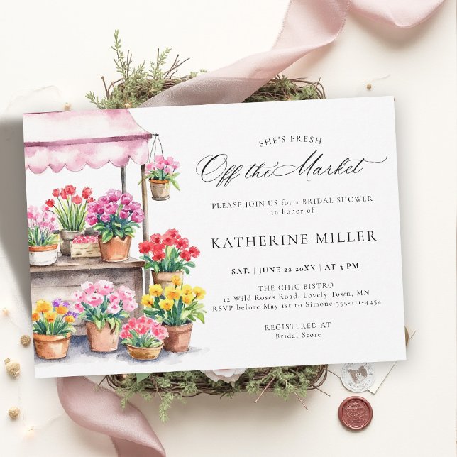 Fresh Off the Market Floral Rosa Bröllopsdusch Inbjudningar (off the market bridal shower invitation flower stand art elegant backyard outdoor garden party)