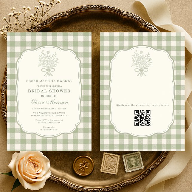 Fresh Off the Market Gingham QR Code Inbjudningar (Skapare uppladdad)