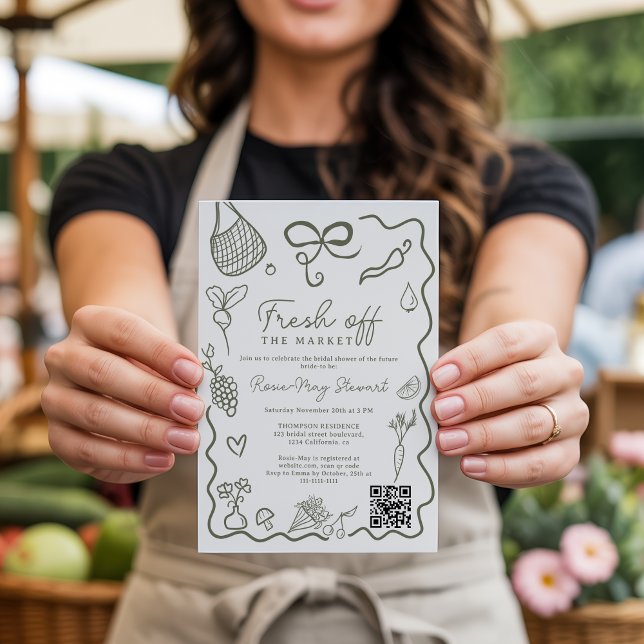 Fresh Off the Market HandDrawn Whimsical QR Bridal Inbjudningar (Fresh Off the Market HandDrawn Whimsical QR Bridal Invitation)
