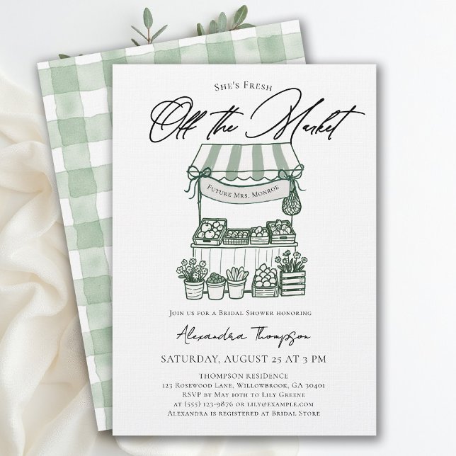 Fresh Off the Market Modern Chic Bridal Shower Inbjudningar (fresh off the market bridal shower invitation farmers stand hand drawn modern bold calligraphy)
