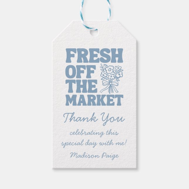 Fresh Off the Market Whimsical Blå Bröllopsdusch Presentetikett (Framsidan)