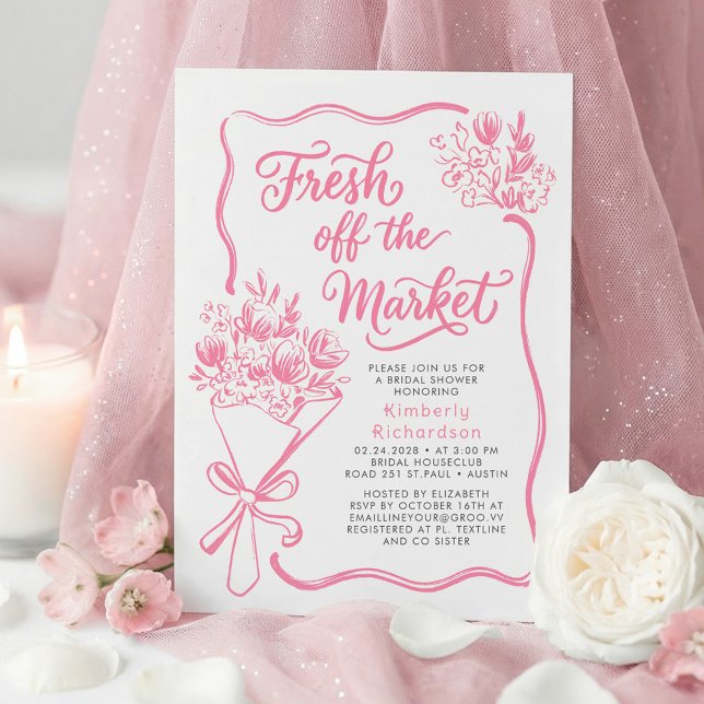 Fresh Off The Market Whimsical Drawn Bridal Shower Inbjudningar (Fresh Off The Market Pink Whimsical Hand Drawn Flowers Bouquet Bridal Shower Invitations)