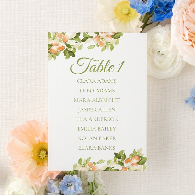 Fresh Orange Citrus Wedding Seating Chart Card Bordsnummer (Skapare uppladdad)