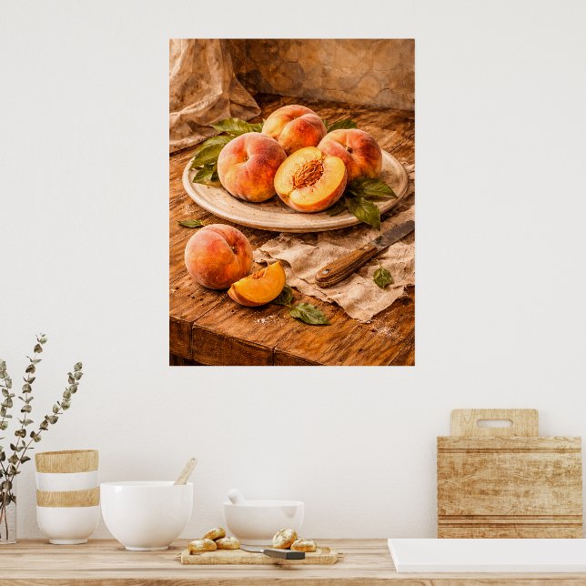 Fresh Peaches on Wood a Rustic Still Life Poster (Kök)