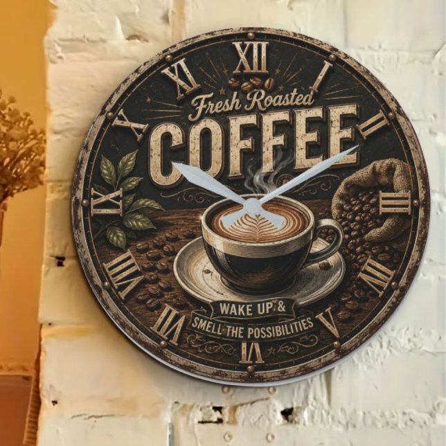 Fresh Roasted Coffee Rustic Farmhouse Stor Klocka (Skapare uppladdad)