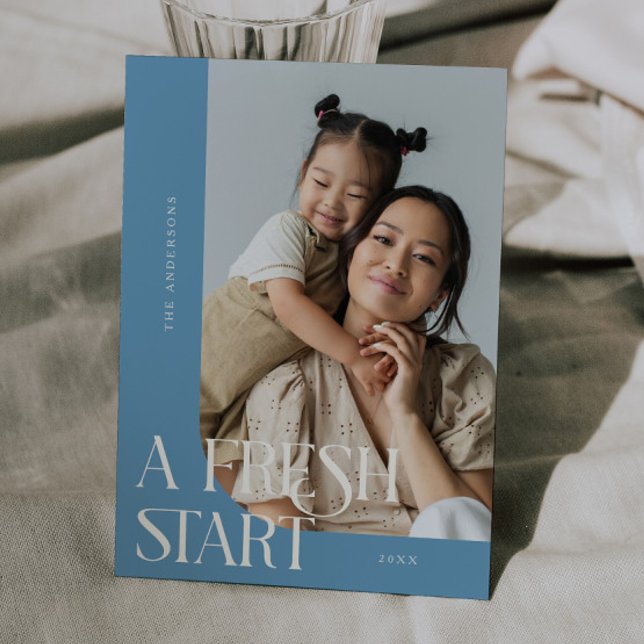 Fresh Start New Year Denim Blue Curved Frame Photo Julkort (Skapare uppladdad)