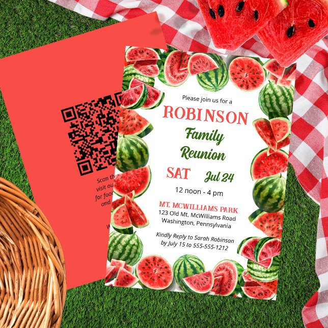 Fresh Summer Watermelons QR Code Family Reunion Inbjudningar (Fresh Summer Watermelons QR Code Family Reunion Invitation)