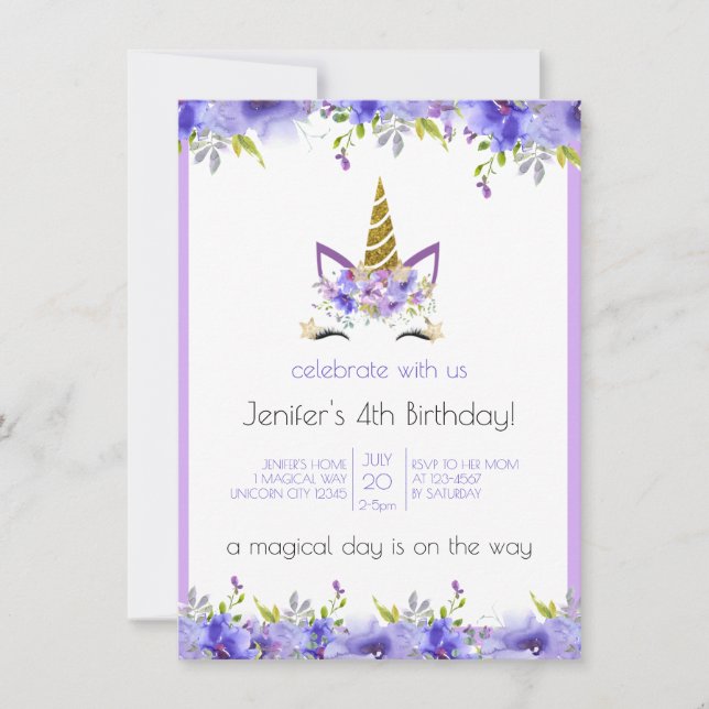 Fresh Violet Unicorn Birthday-Dekorationer (Framsida)