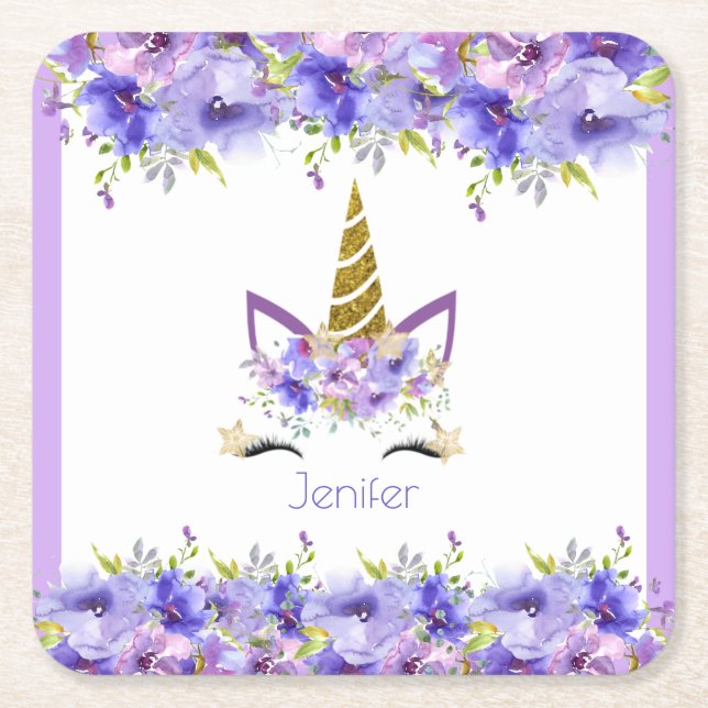 Fresh Violet Unicorn Birthday-Dekorationer Underlägg Papper Kvadrat (Framsidan)