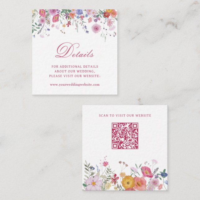 Fresha vilda blommor Bröllopsdetaljer Webbplats QR Tilläggskort (Fram/baksida)