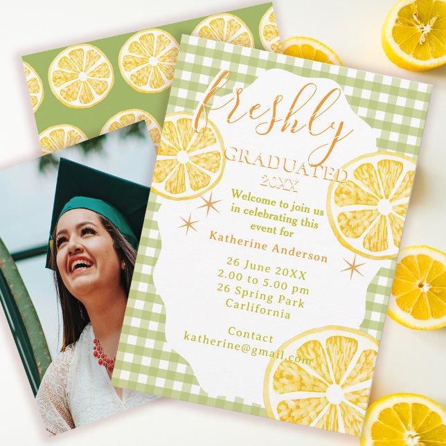 Freshly Graduated Lemon Gingaham  Kort (Freshly Lemon Graduated Invitation Card.)