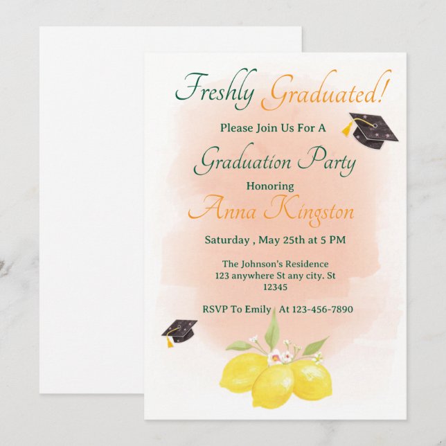 Freshly Graduated Lemon Pink Graduation Invitation Inbjudningar (Fram/baksida)