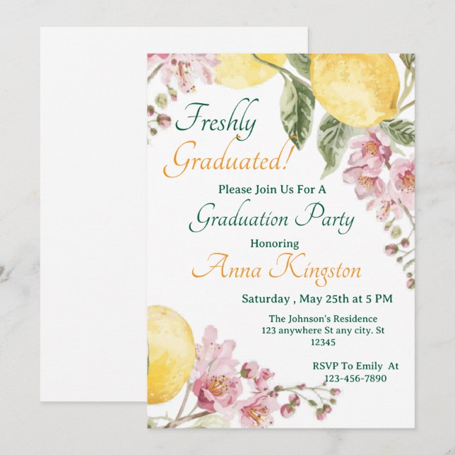 Freshly Graduated Lemon Pink Graduation Invitation Inbjudningar (Fram/baksida)
