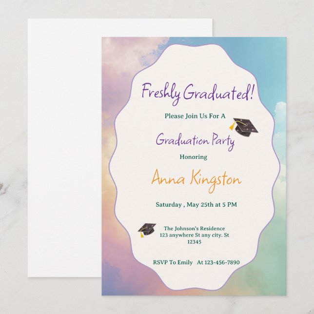 Freshly Graduated Printable Graduation Invitation Inbjudningar (Fram/baksida)