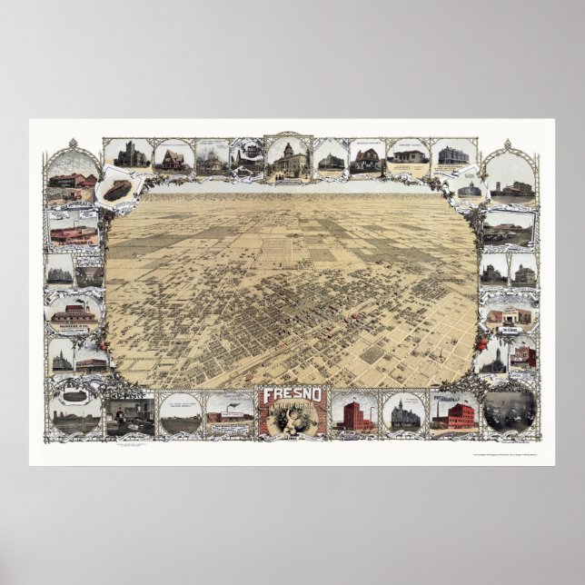 Fresno, CA Panoramic Karta - 1901 Poster (Framsidan)