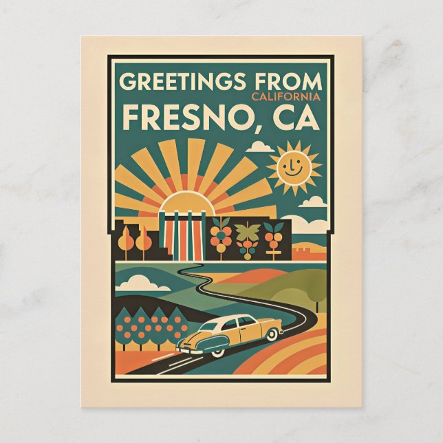 Fresno CA Retro Resor Postkort – Färgglada 1950-ta Vykort (Framsida)