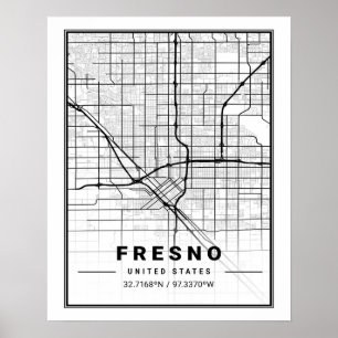 Fresno California USA Travel City Karta Poster